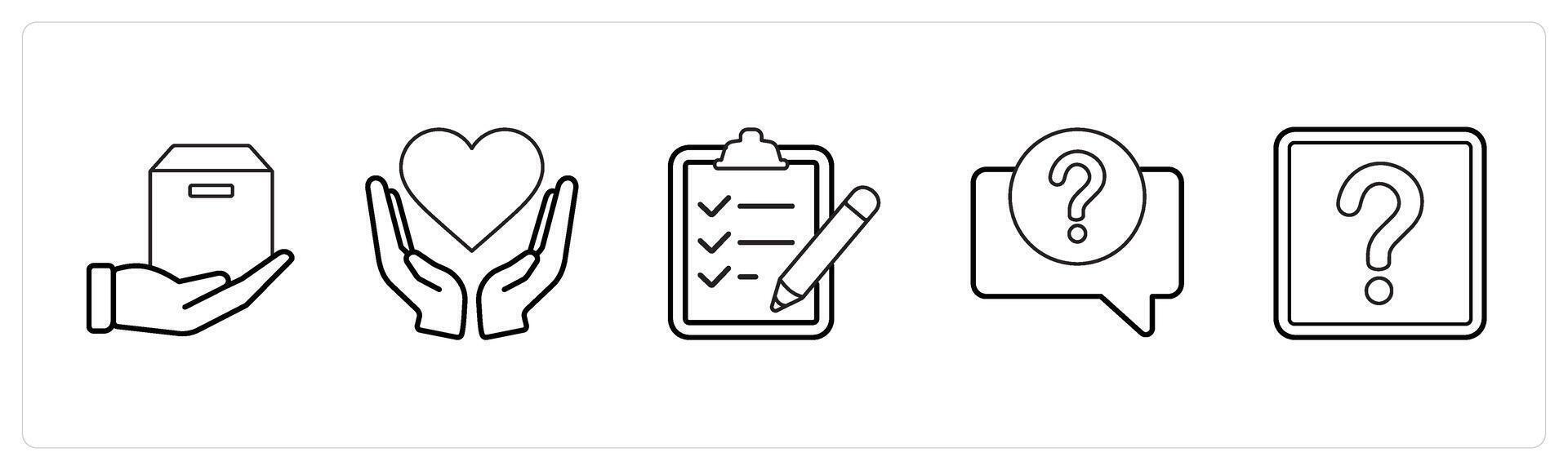 A set of 5 mix icons as parcel, heart care, clipboard list, question in black line color vector