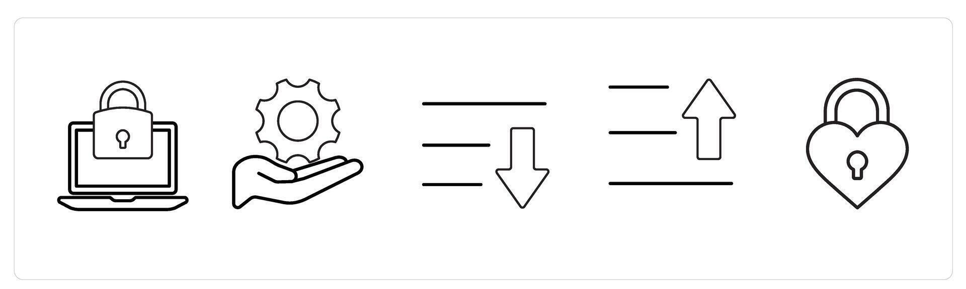 A set of 5 mix icons as laptop lock, settings, download in black line color vector