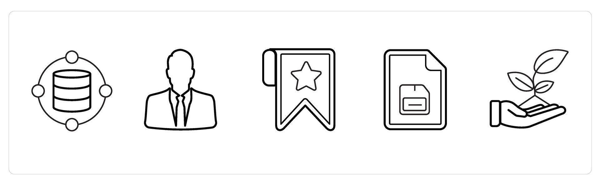 A set of 5 mix icons as data, businessman, bookmark in black line color vector