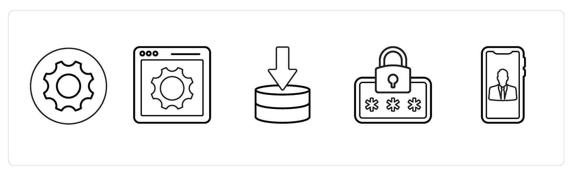 A set of 5 mix icons as settings, webpage settings, server download in black line color vector