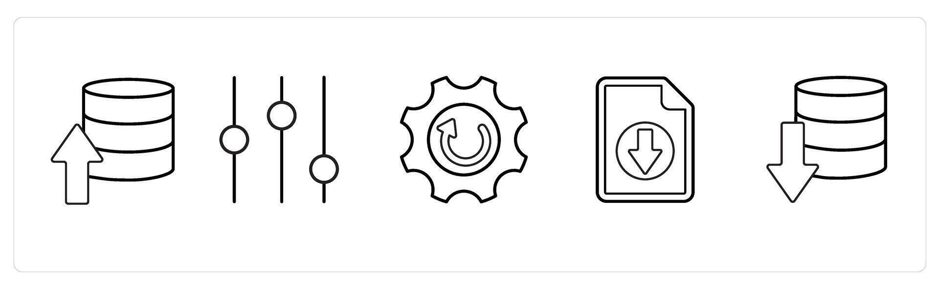 A set of 5 mix icons as upload server, music levels, update settings in black line color vector