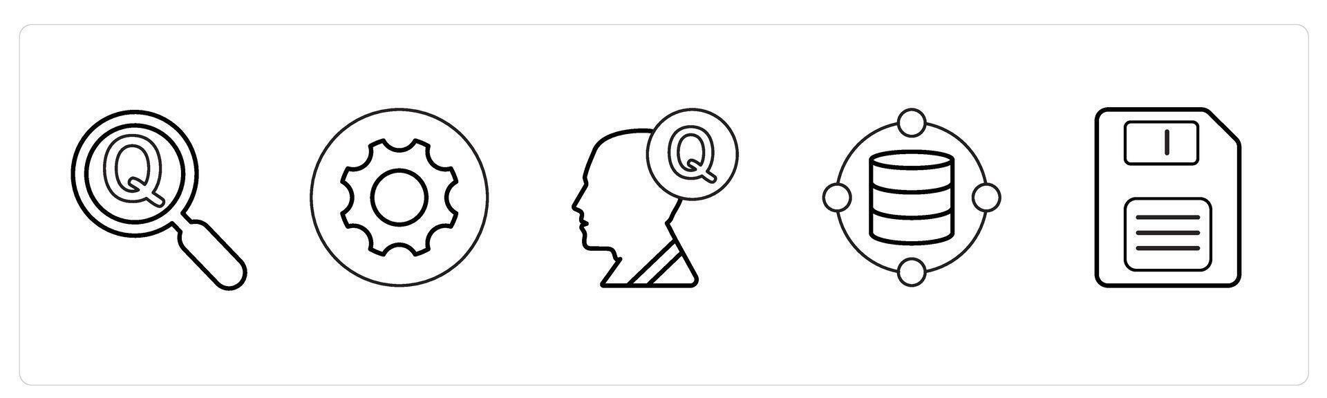 A set of 5 mix icons as question, query, data in black line color vector