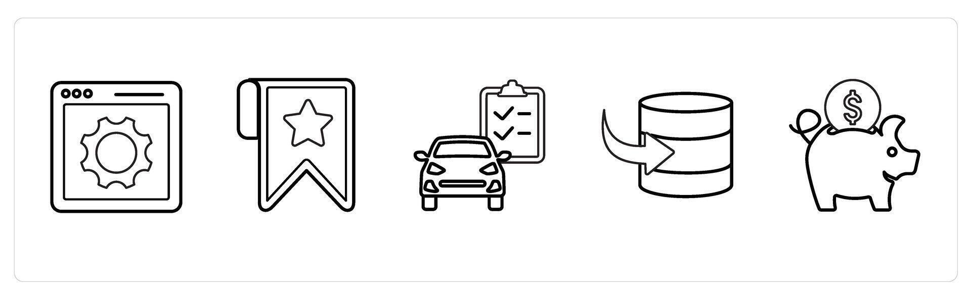 A set of 5 mix icons as webpage settings, bookmark, car insurance claim in black line color vector