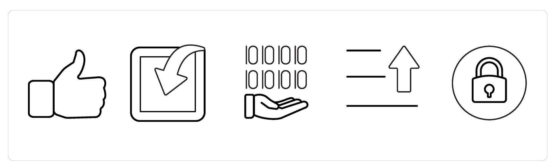 A set of 5 mix icons as thumbs up, arrow download, text upload in black line color vector
