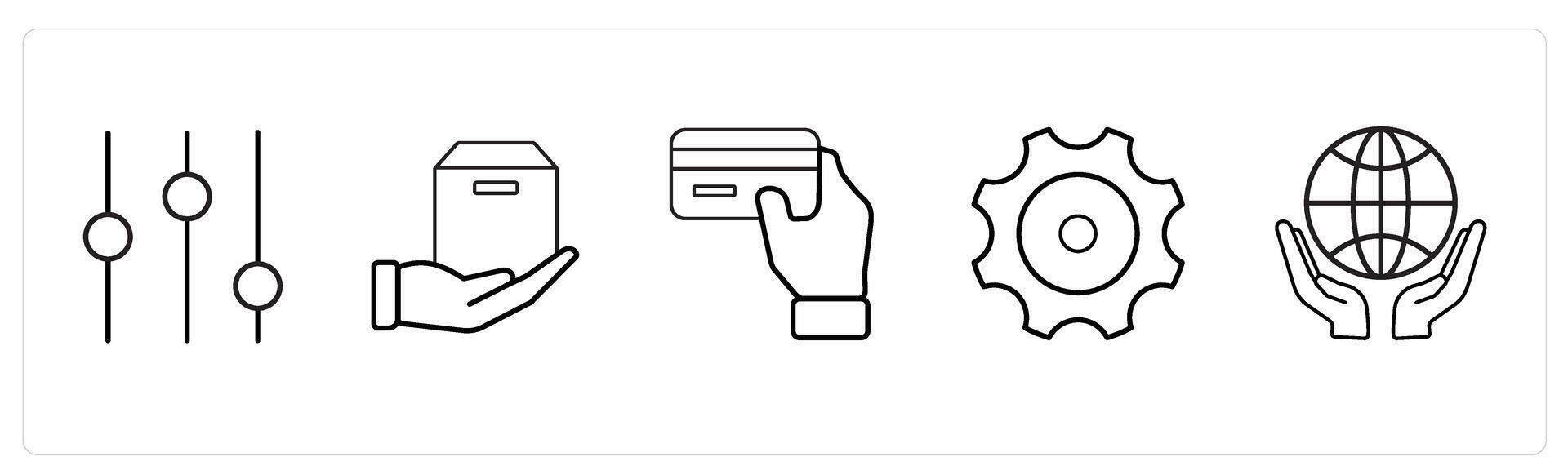 A set of 5 mix icons as music levels, parcel, card in hand in black line color vector