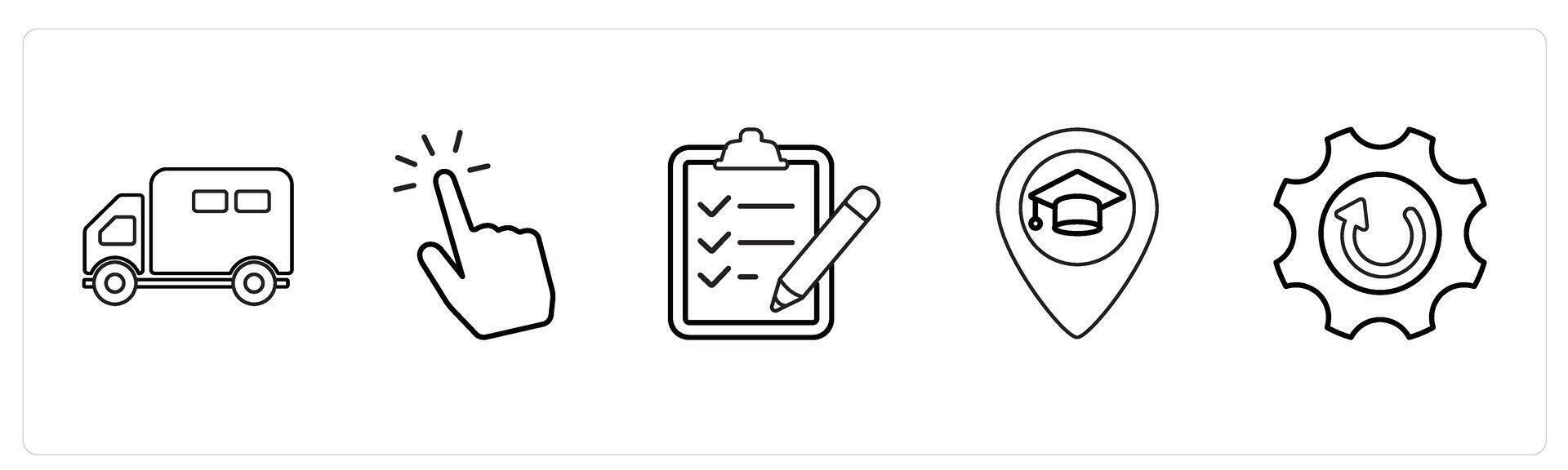 A set of 5 mix icons as van, censor touch, clipboard list in black line color vector