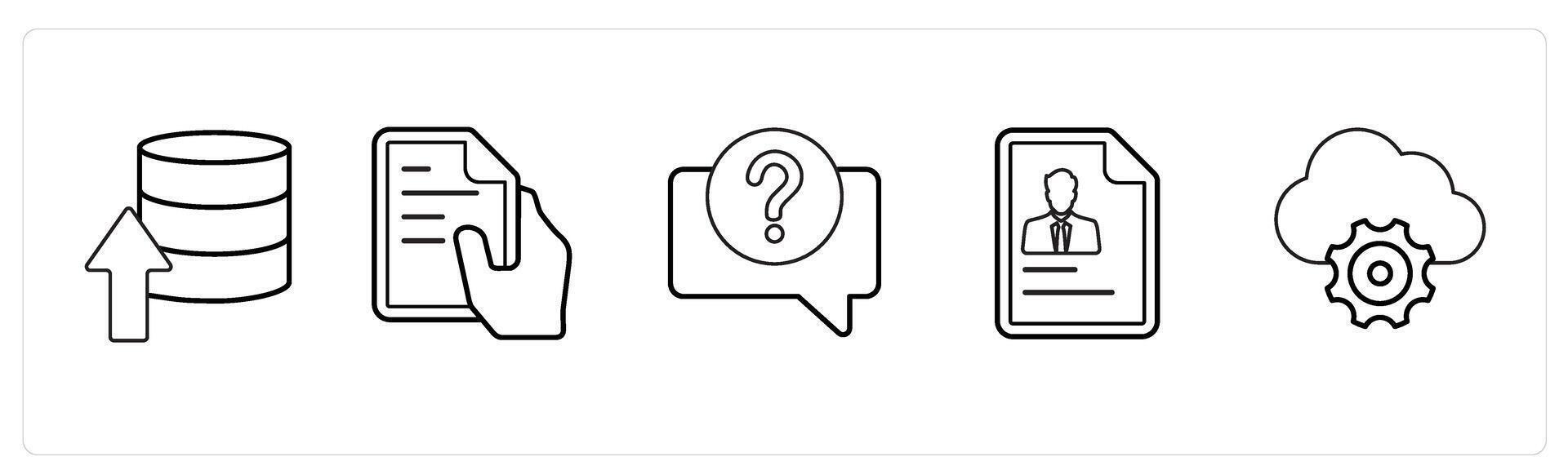 A set of 5 mix icons as upload server, text file, question in black line color vector