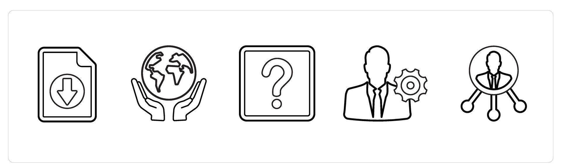 A set of 5 mix icons as download floppy, save earth, question in black line color vector