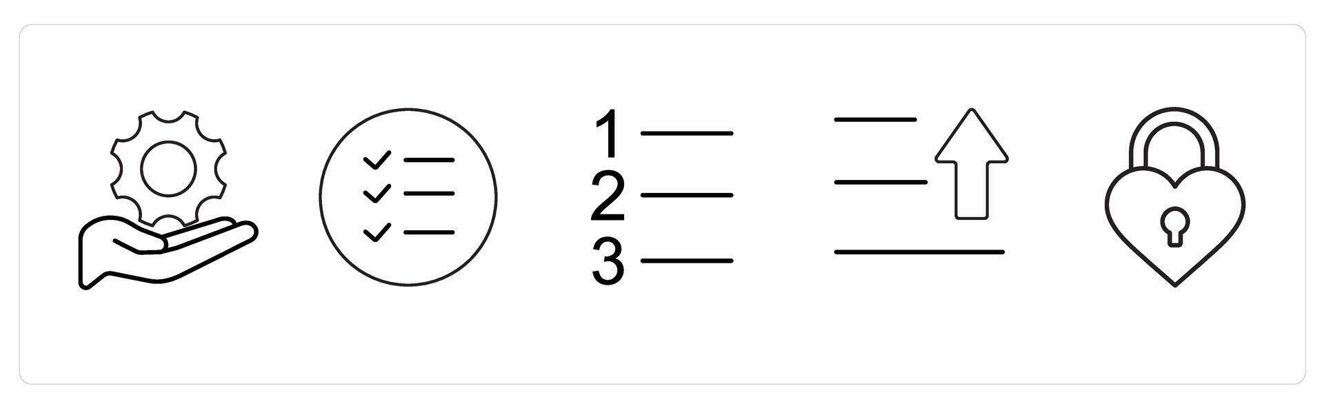 A set of 5 mix icons as settings, list tick mark, number index in black line color vector