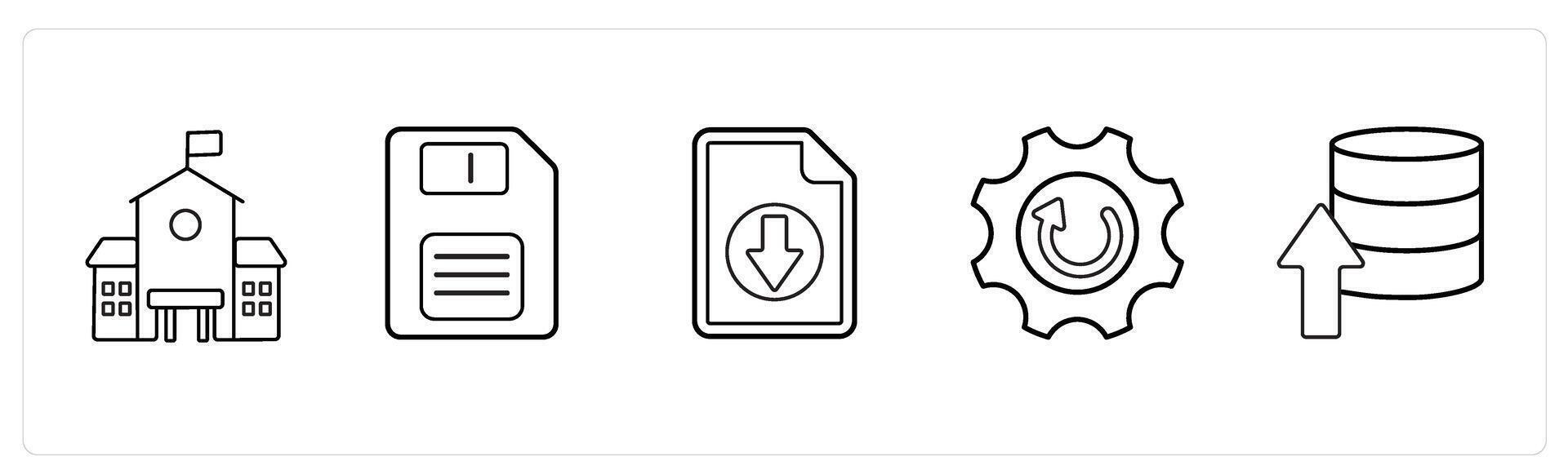 A set of 5 mix icons as school, floppy, download floppy, update settings in black line color vector