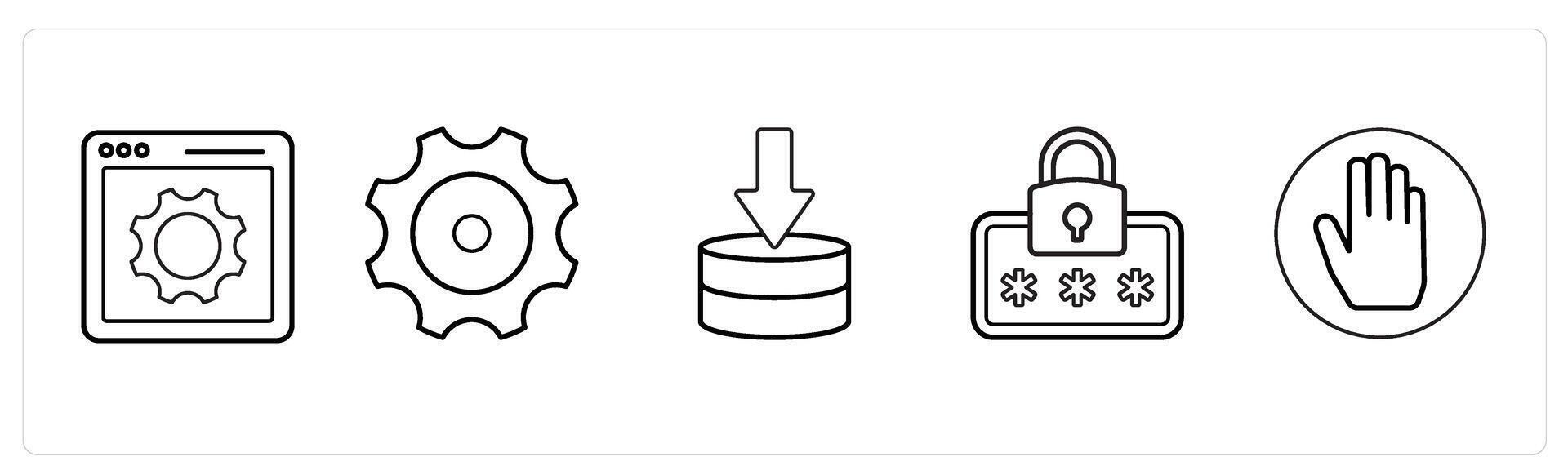 A set of 5 mix icons as webpage settings, settings, server download in black line color vector