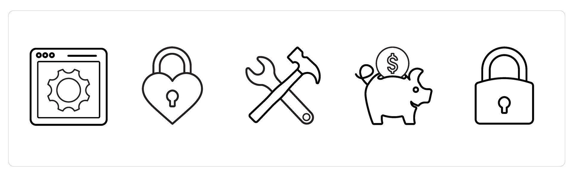 A set of 5 mix icons as webpage settings, heart locked, replacement in black line color vector