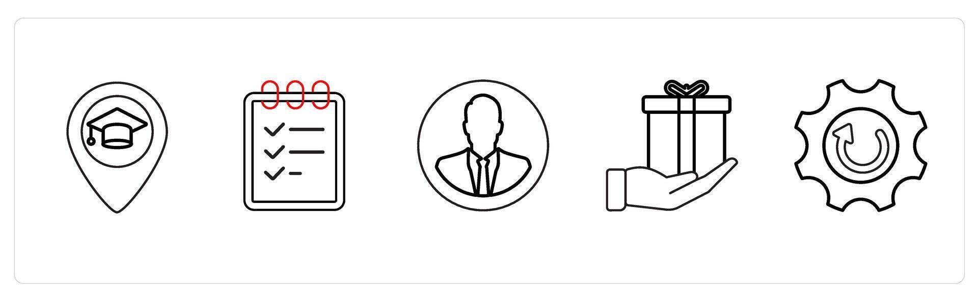 A set of 5 mix icons as university location, scheduler, business profile in black line color vector