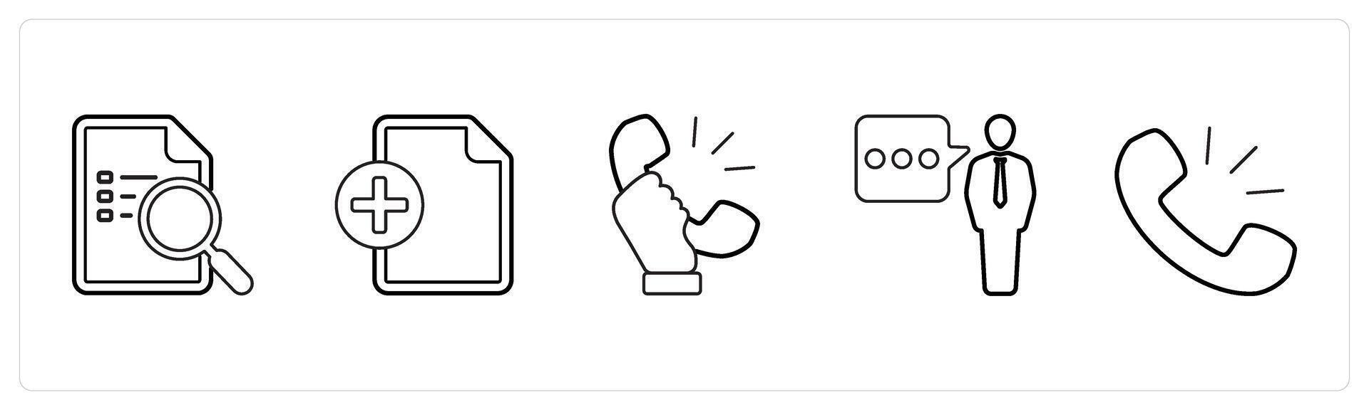 A set of 5 mix icons as serach document, add file, receiver in black line color vector