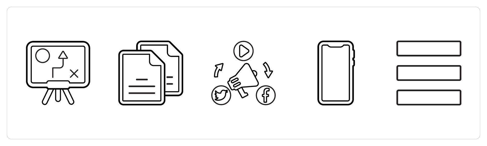 A set of 5 mix icons as solution, duplicate copy, social media advertisement in black line color vector