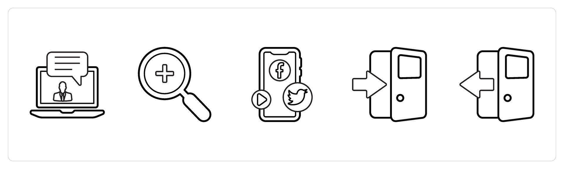 A set of 5 mix icons as message, magnifier, social media mobile in black line color vector