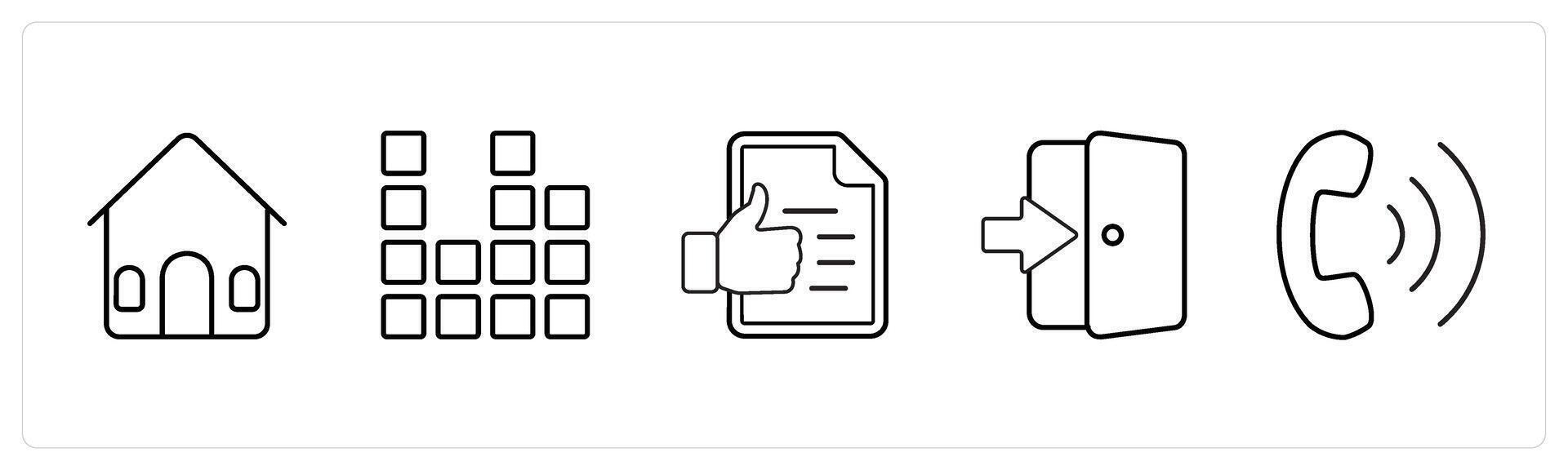 A set of 5 mix icons as house, diagram, agreement in black line color vector