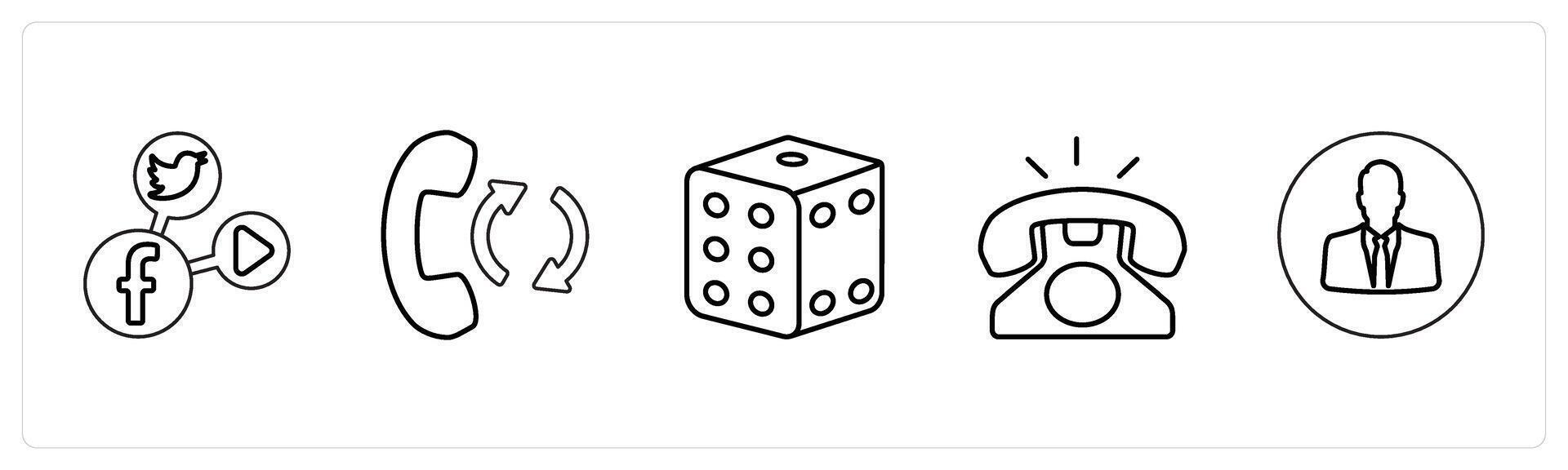 A set of 5 mix icons as social media, call transfer, dice in black line color vector