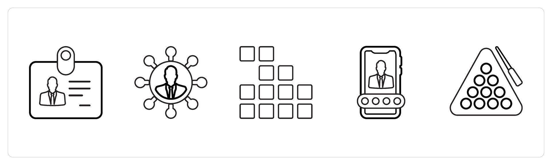 A set of 5 mix icons as identification card, user network, application in black line color vector
