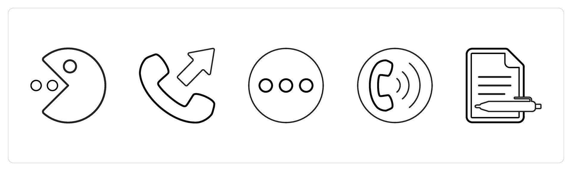 A set of 5 mix icons as packman, call forward, menu in black line color vector