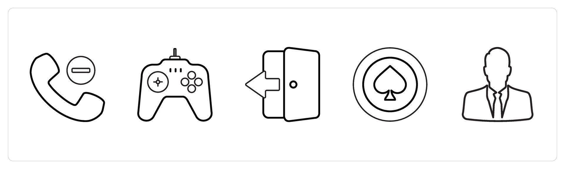 A set of 5 mix icons as remove contact, game, tablet in black line color vector