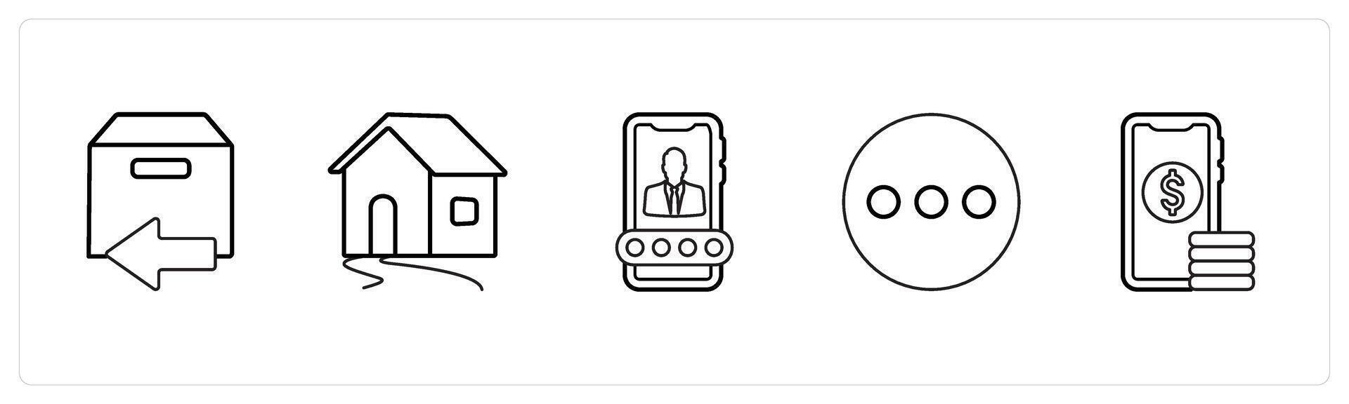 A set of 5 mix icons as returned parcel, home, user account in black line color vector