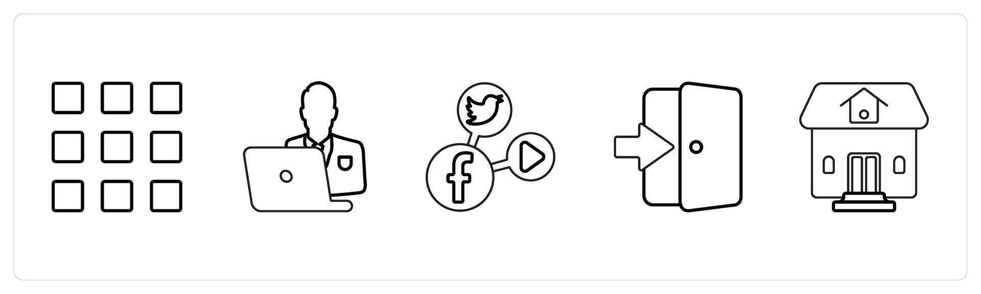 A set of 5 mix icons as square grid, busy man, social media in black line color vector
