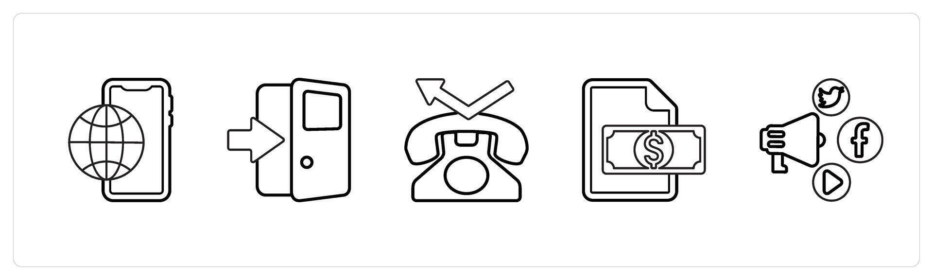 A set of 5 mix icons as digital media, exit door, contact in black line color vector