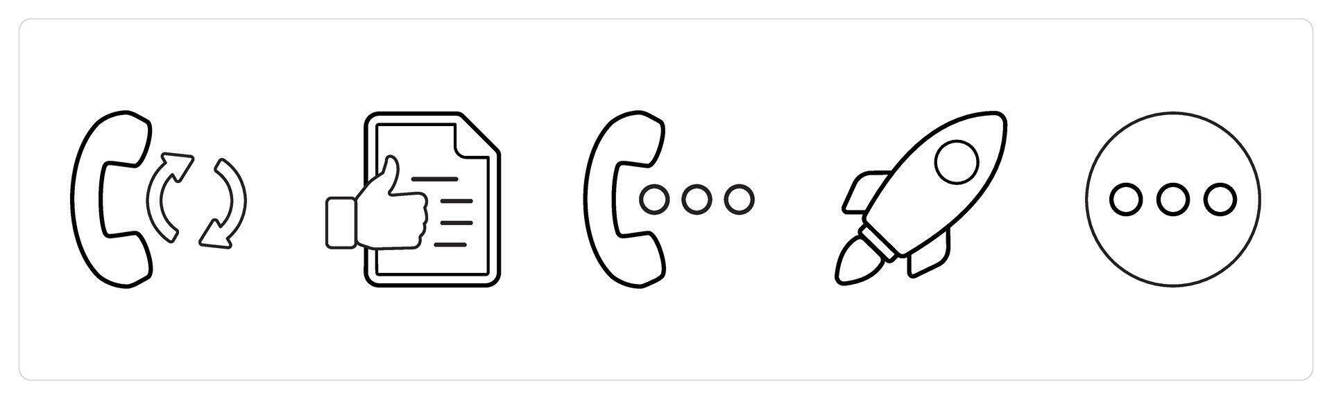 A set of 5 mix icons as call transfer, agreement, speaker in black line color vector