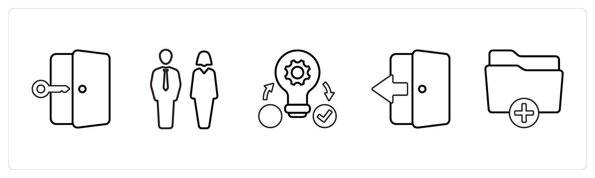 A set of 5 mix icons as tablet key, man woman, creative idea in black line color vector