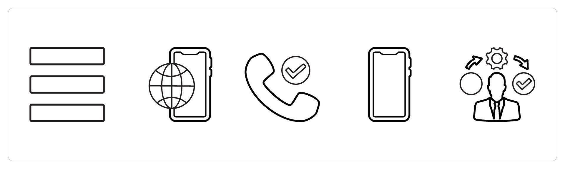 A set of 5 mix icons as menu bar, digital media, right contact in black line color vector