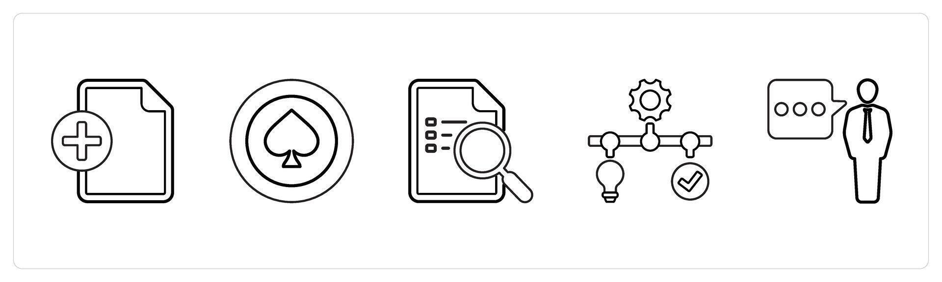 A set of 5 mix icons as add file, cards game, search document in black line color vector