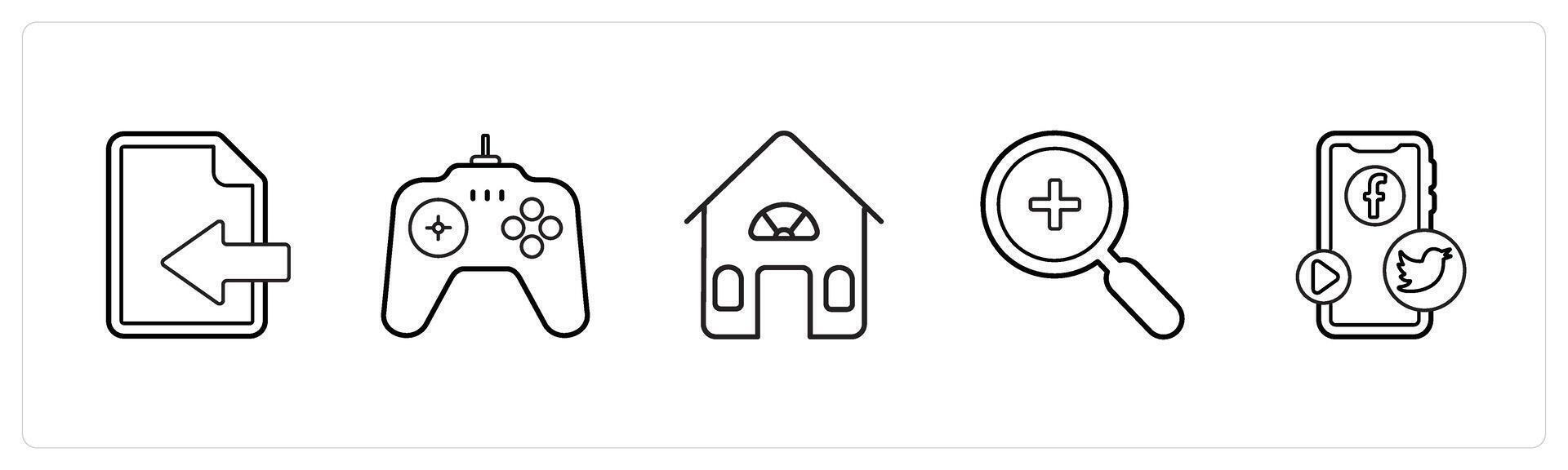 A set of 5 mix icons as document received, game, house in black line color vector