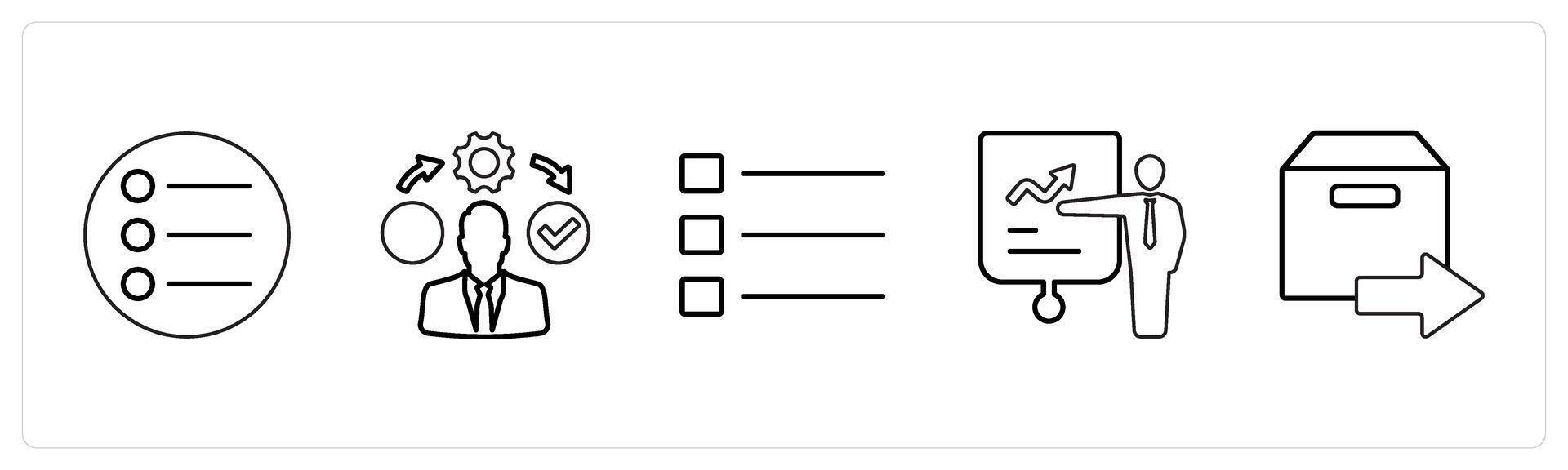 A set of 5 mix icons as bullet list, right management, list in black line color vector