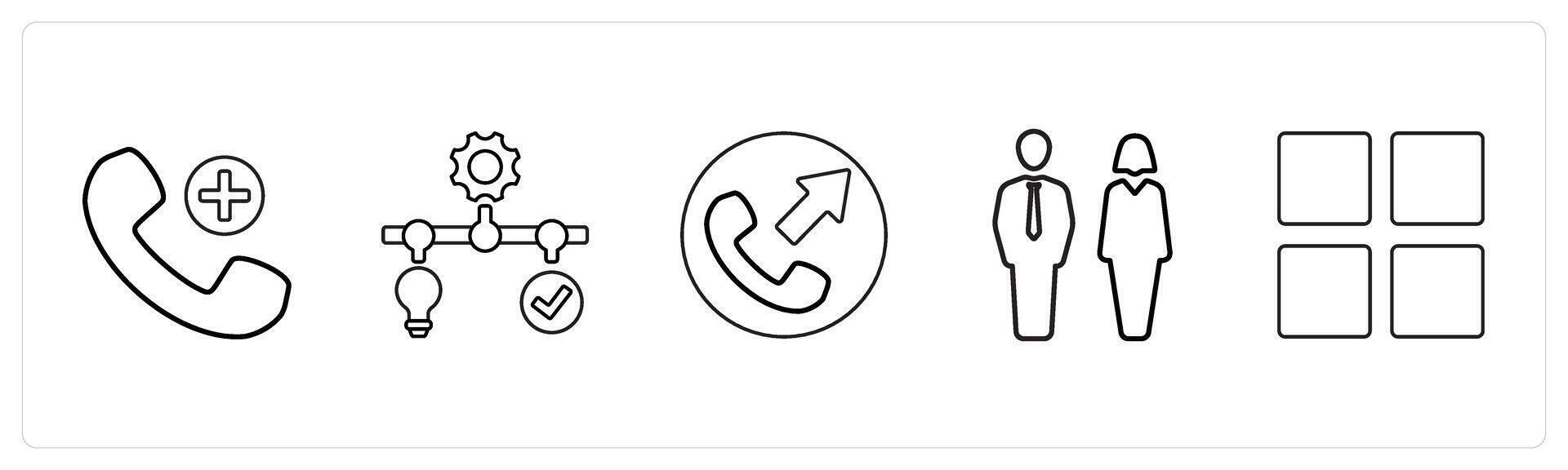 A set of 5 mix icons as add call, solution management, call forward in black line color vector