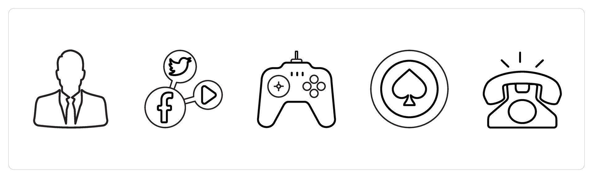 A set of 5 mix icons as man, social media, game in black line color vector