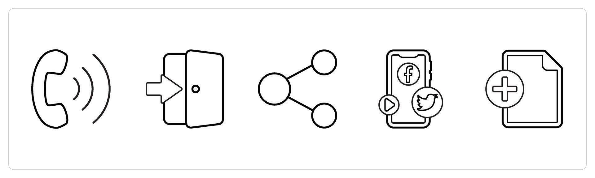 A set of 5 mix icons as dialing, door enter, share in black line color vector
