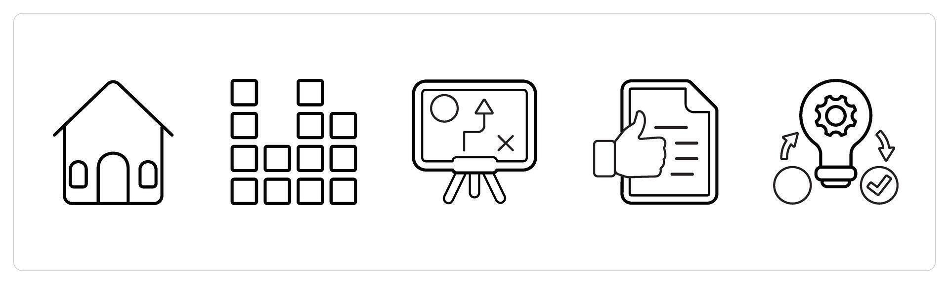 A set of 5 mix icons as house, diagram, solution in black line color vector