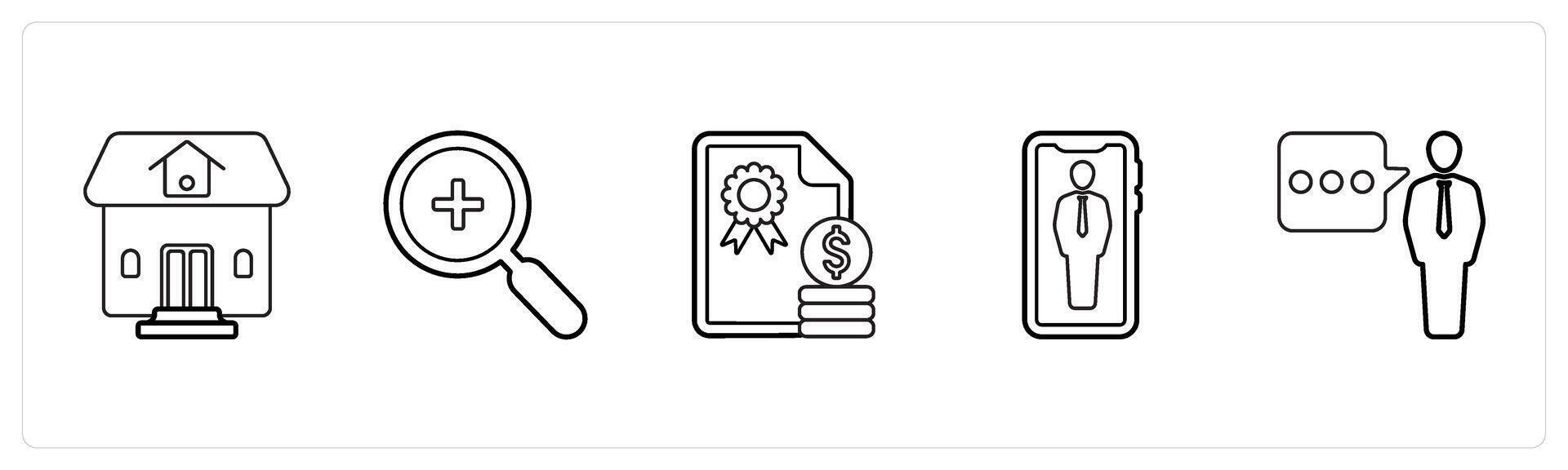 A set of 5 mix icons as residential property, magnifier, certified money in black line color vector