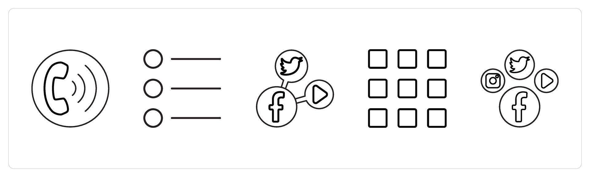 A set of 5 mix icons as calling, list bullets, social media in black line color vector