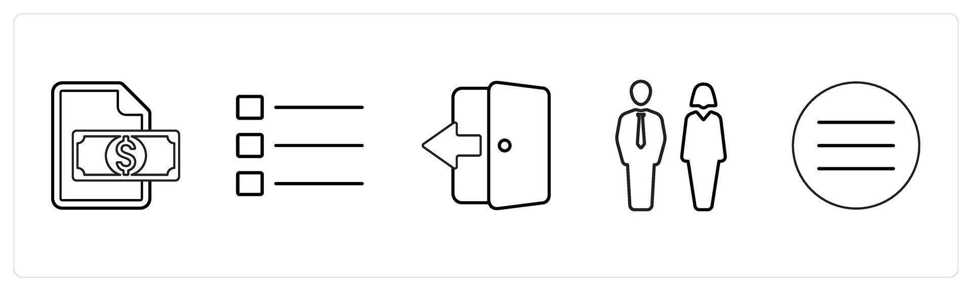 A set of 5 mix icons as finance document, list, exit door in black line color vector