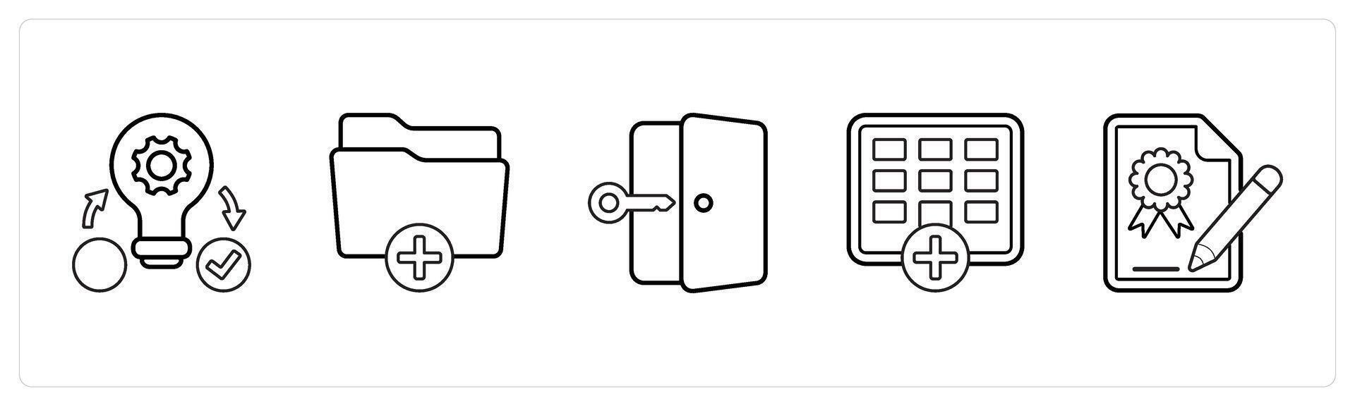A set of 5 mix icons as dice, meeting room, presentation in black line color vector