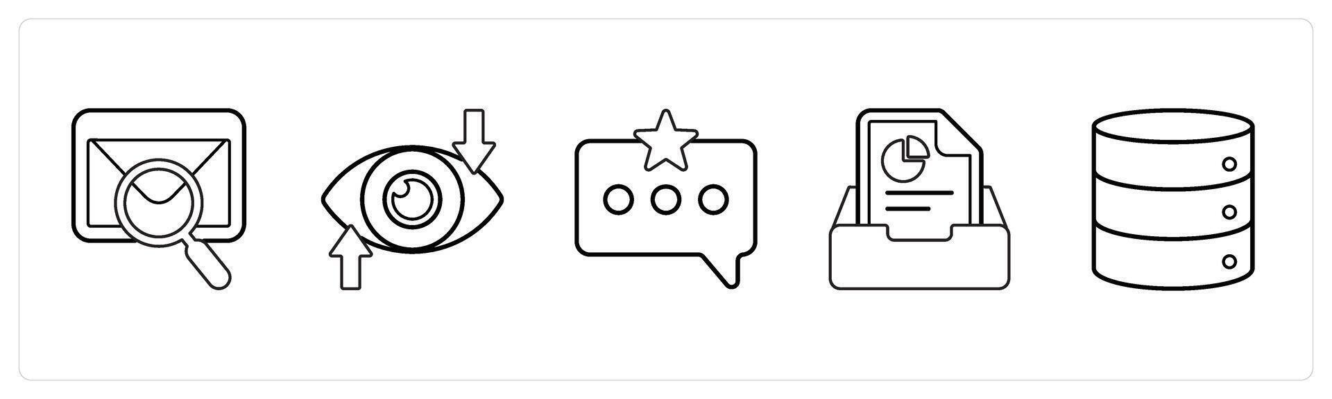 A set of 5 mix icons as search message, vision, starblack message in black line color vector