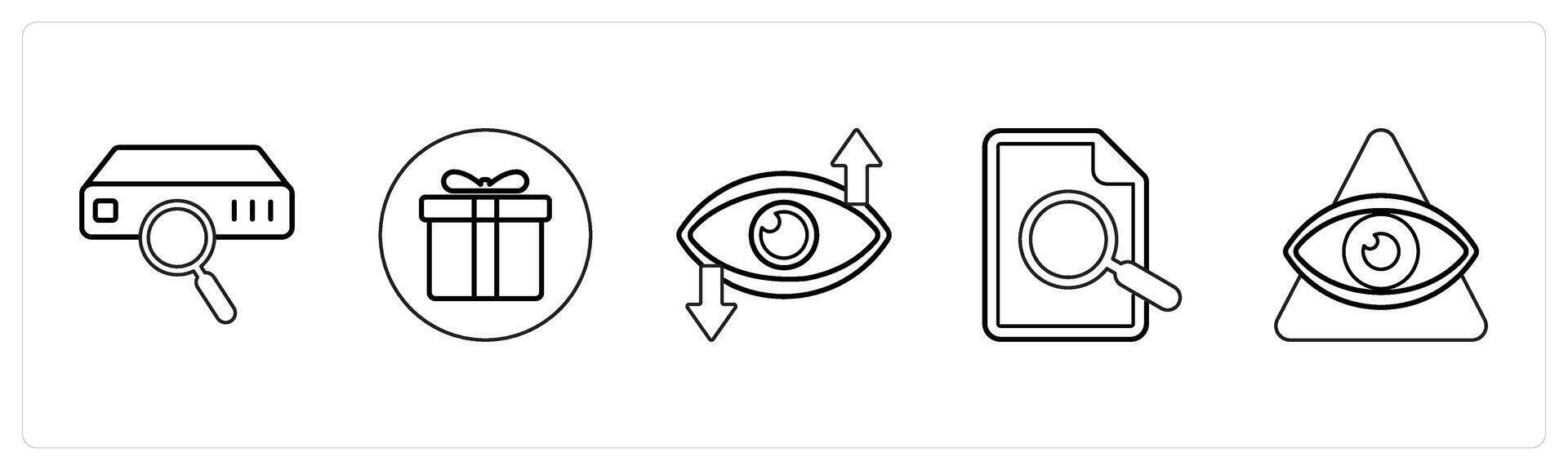 A set of 5 mix icons as search drive, present, vision in black line color vector