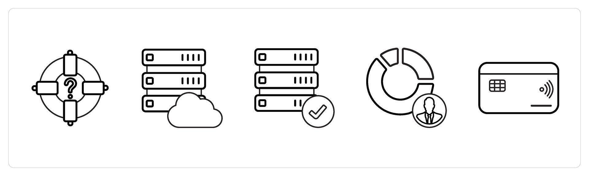A set of 5 mix icons as target, cloud drive, verified drive in black line color vector