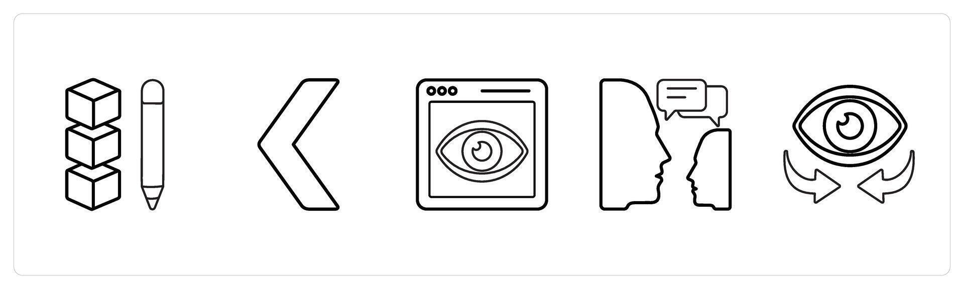 A set of 5 mix icons as error drive data, back, site vision in black line color vector