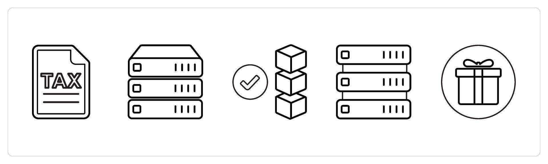 A set of 5 mix icons as invoice, server, verified drive in black line color vector
