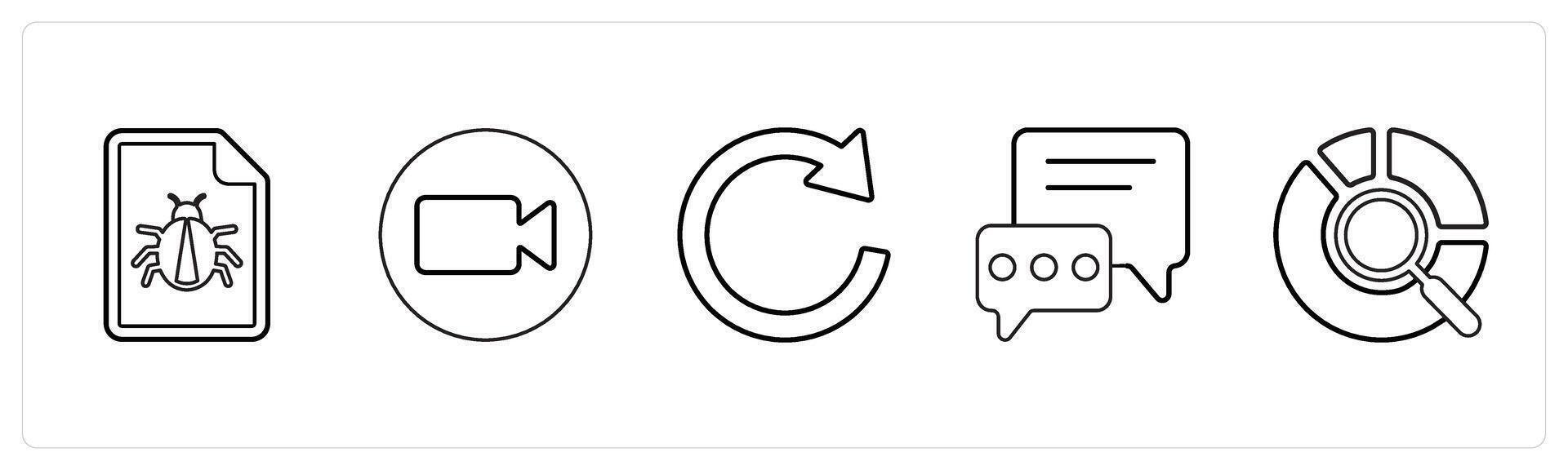 A set of 5 mix icons as bug, call, refresh in black line color vector