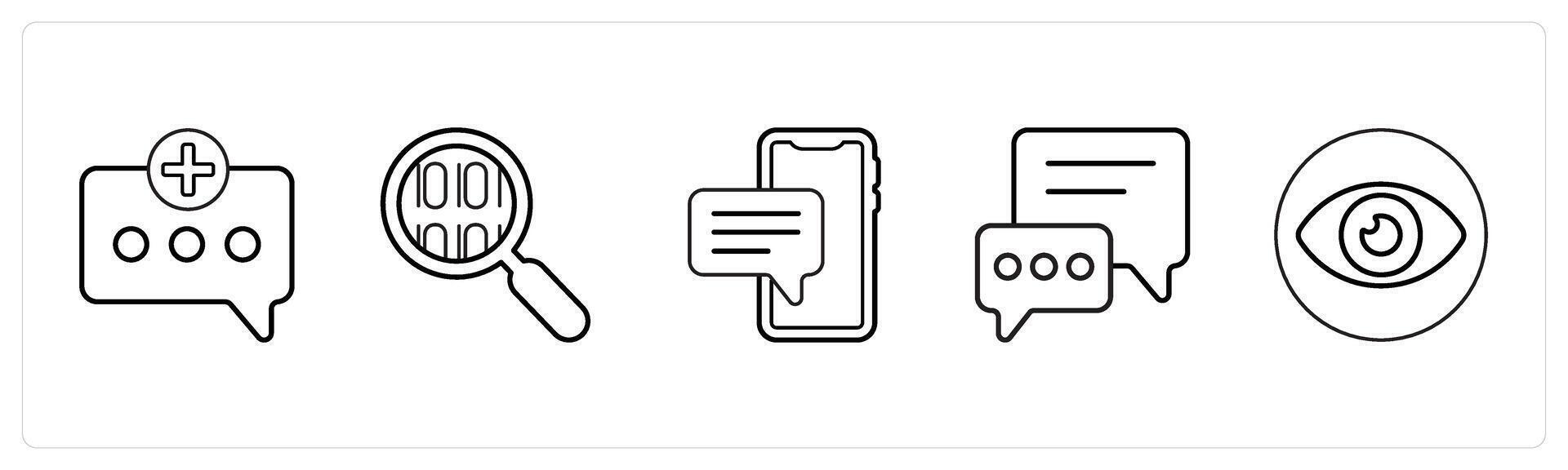 A set of 5 mix icons as add message, programming, chat in black line color vector