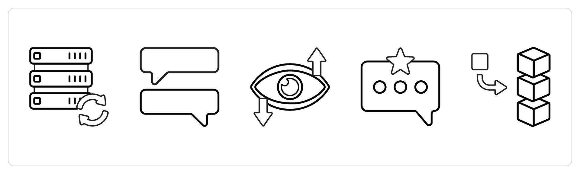 A set of 5 mix icons as drive refresh, chat, vision in black line color vector